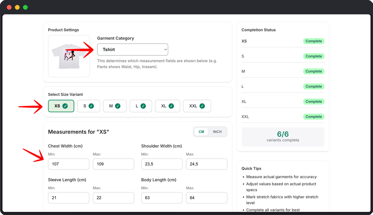 DerFit dashboard: entering garment measurements per size