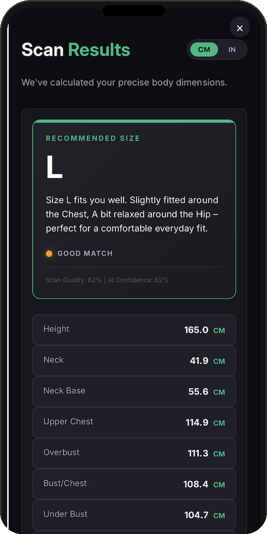 DerFit scan results showing recommended size L with body measurements
